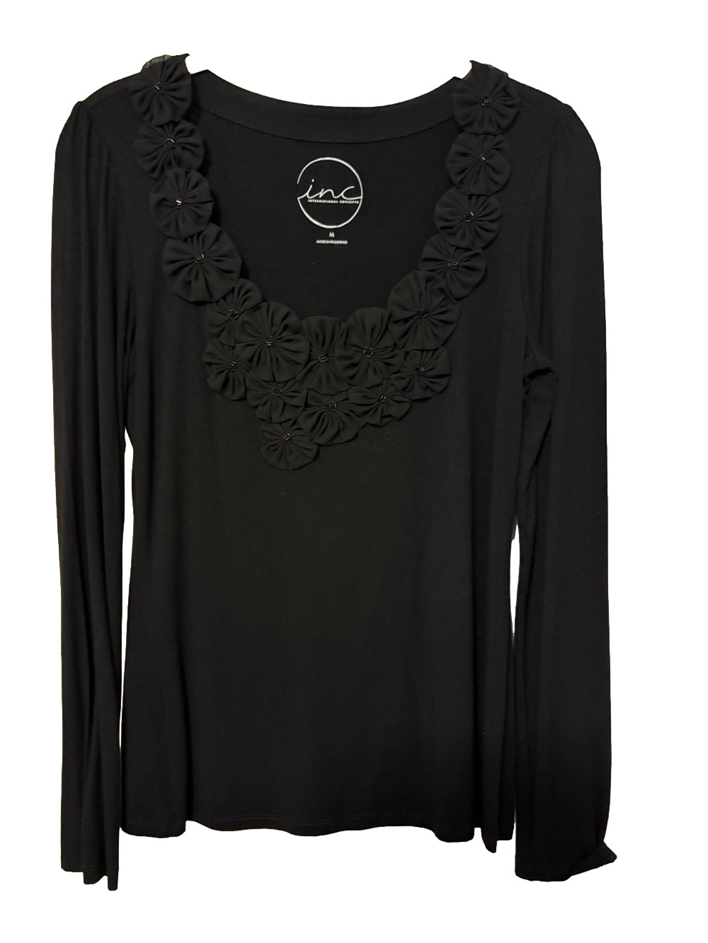 INC International Concepts Black Long Sleeve Top with Floral Applique